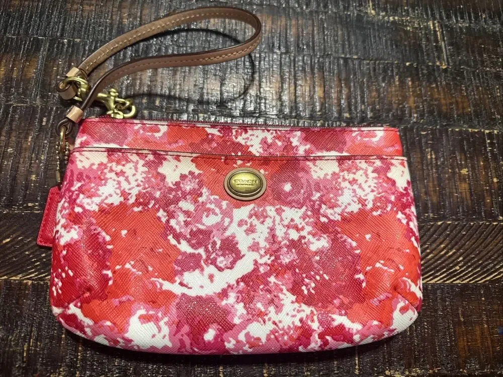 Coach Floral Paint Abstract Wristlet Wallet Purse, White, Pink, Red